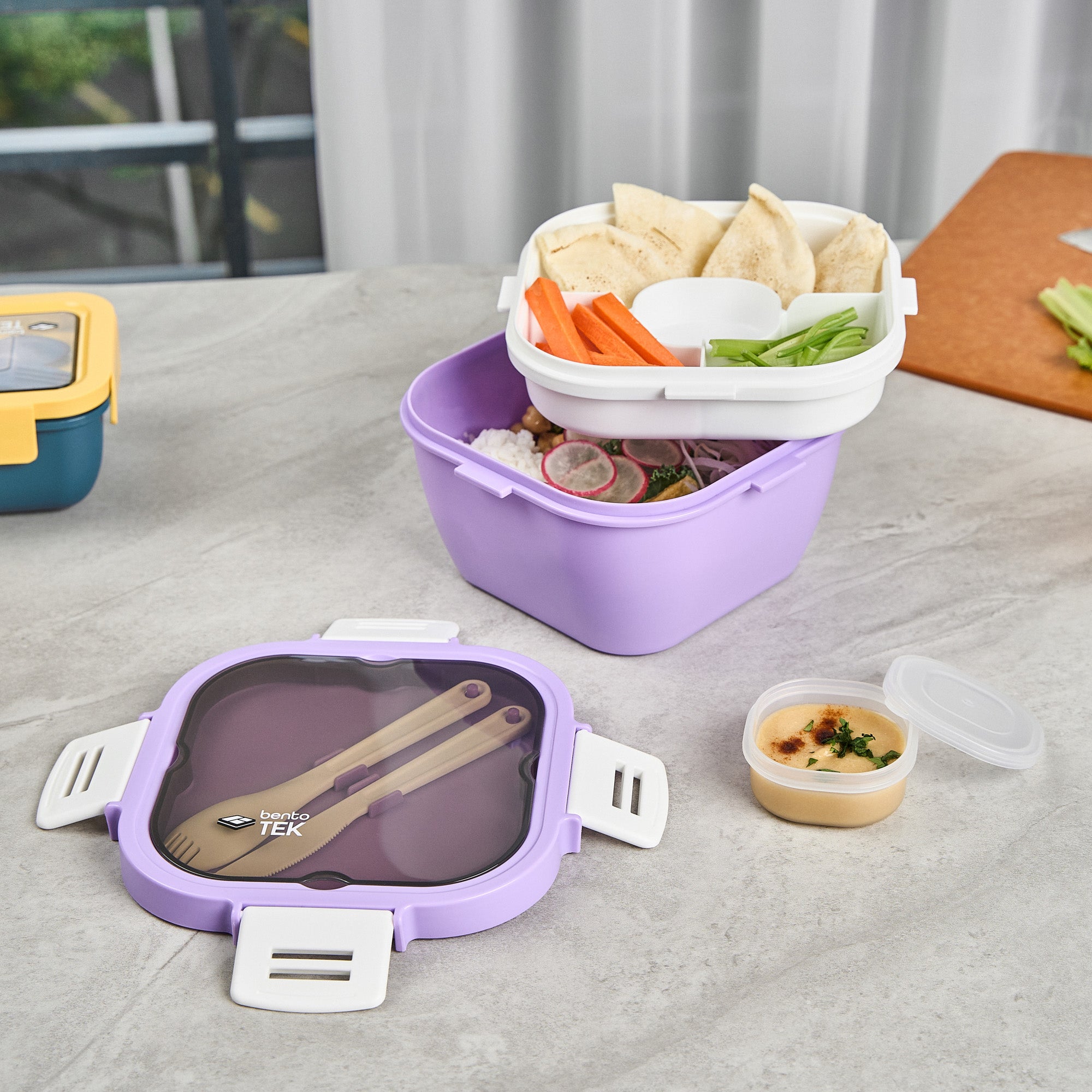 Bento Tek 58 oz Purple and White BPA Free Lunch Box with Fork & Knife - Microwave Safe, 7.25