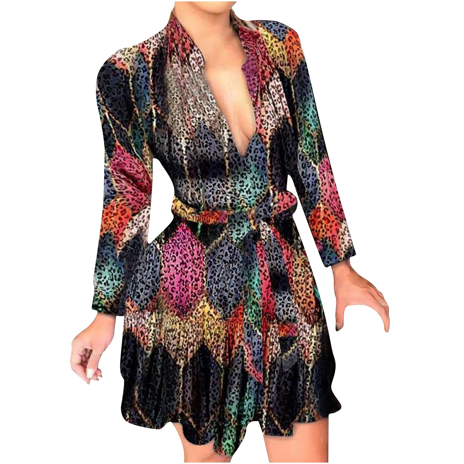 Sexy Women's Slim Bowknot Lapel Mini Dress - Color Block Vintage Long Sleeve Dress for Party, Date Night & Special Occasions