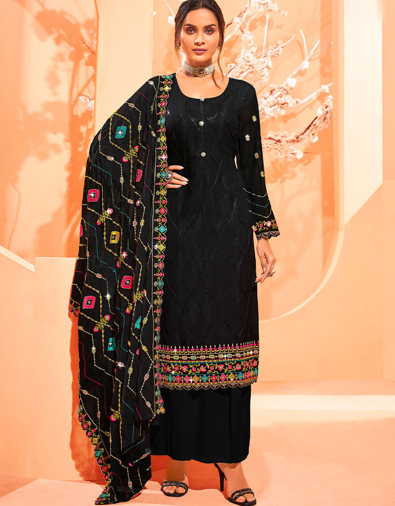 Elegant Black Georgette Palazzo Salwar Suits for Women - Comfortable Indian Ethnic Wear for Parties, Weddings & Festive Occasions
