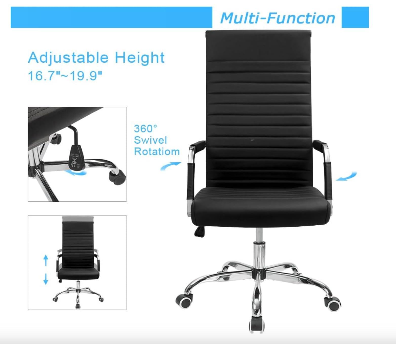 Premium High-Back Leather Office Chair - Adjustable Swivel Executive Desk Chair with Lumbar Support for Home Office, Conference Room & Gaming Setup - Black Ergonomic Computer Chair