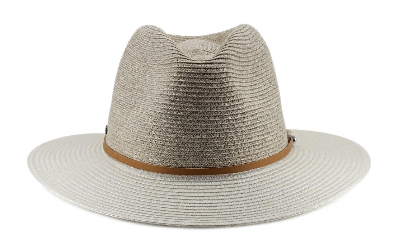 ooGee Mooloolah Creek Flexibraid 2-Tone Fedora Hat with Leather Band in Camel/Ivory - Stylish Sun Protection for Outdoor Events & Beach Vacations