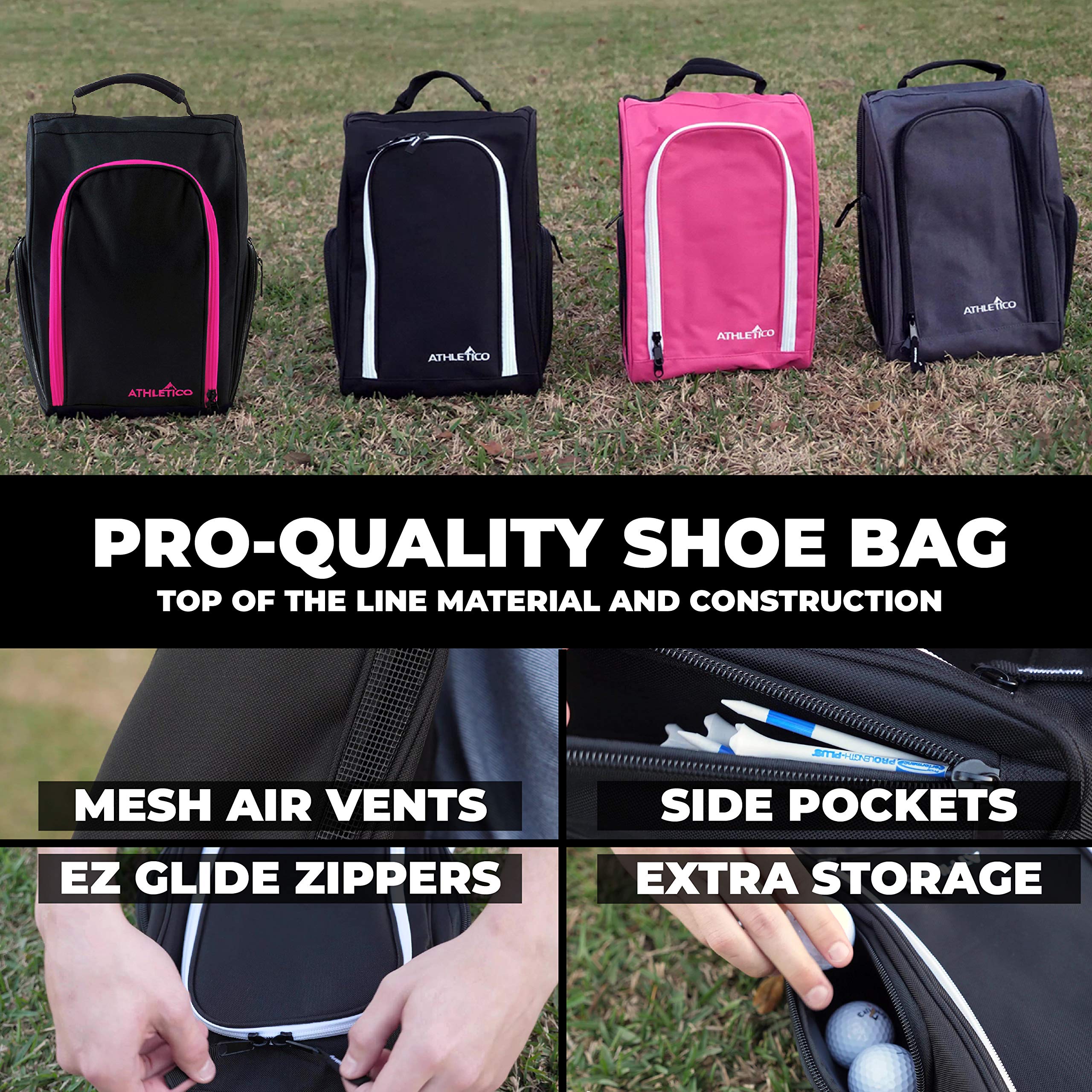 Athletico Golf Shoe Bag - Premium Zippered Shoe Carrier with Ventilation & Exterior Pocket for Socks, Tees & Accessories (Black/Pink) - Perfect for Golf Courses, Travel & Gym Storage