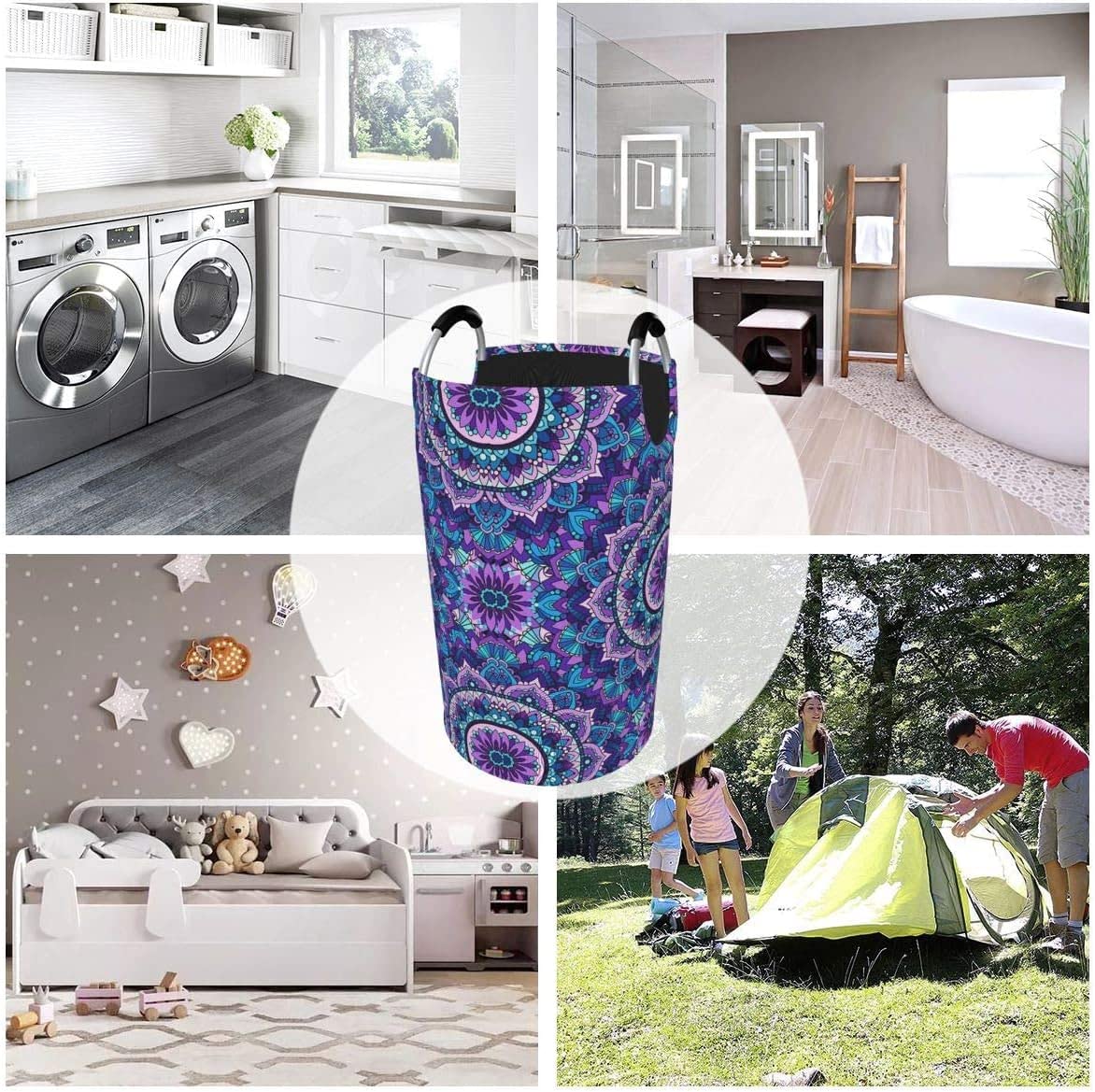 Dujiea 82L X-Large Collapsible Laundry Basket with Aluminum Handles - Tall Mandala Purple Clothes Hamper for Kids, Dorm Room, Bedroom & Bathroom Storage - Perfect for Laundry Organization & Home Decor