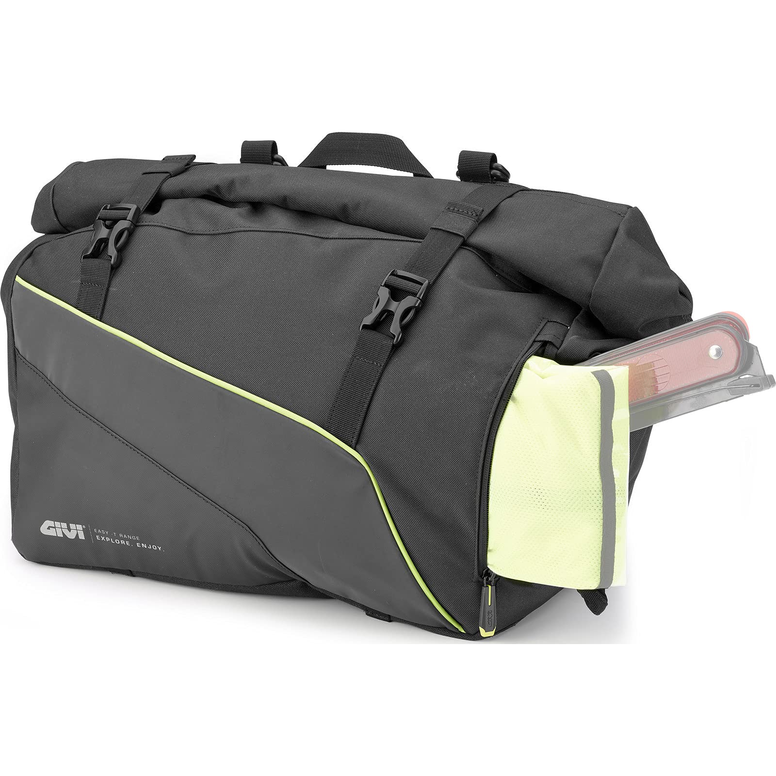 GIVI 25L Waterproof Motorcycle Side Bags - Pair, 600D Polyester/PU, Reflective & Fireproof, Matt Black with Roller Closure | Perfect for Touring, Commuting & Adventure Riding