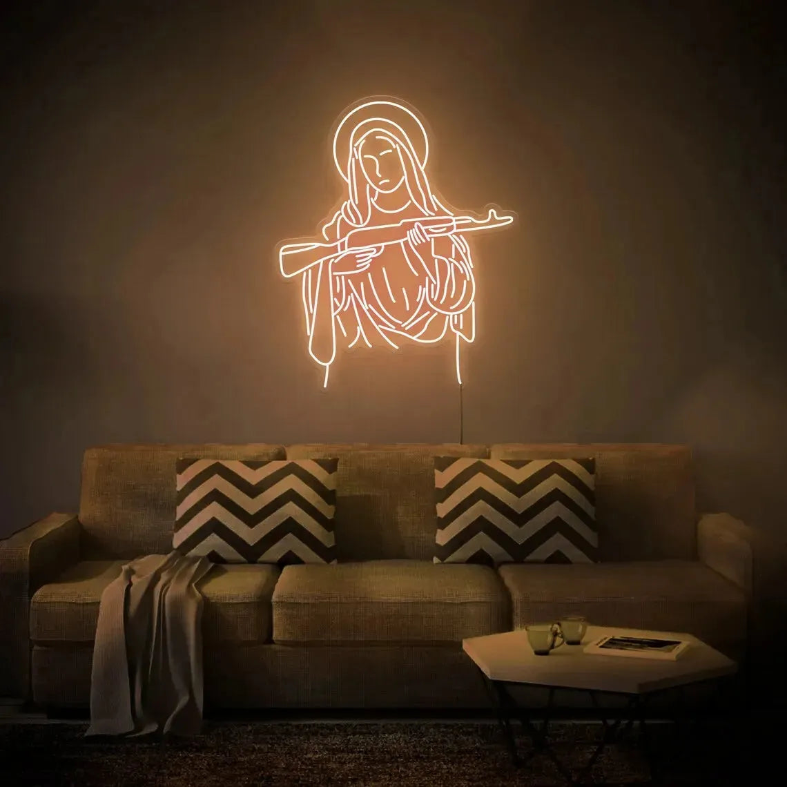 CHUANGQI Virgin Mary & AK47 Neon Sign Light - 42x47cm USB Powered Wall Art for Home, Bar, Party & Club Decor - Unique Blessed Gift for Christmas & Birthday