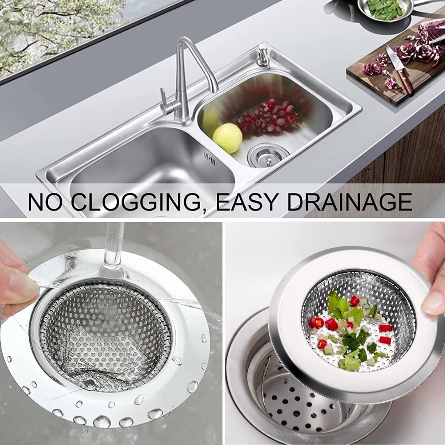 2PCS 304 Stainless Steel Sink Drain Strainer - Rustproof Kitchen Sink Strainer Basket with Large 4.5