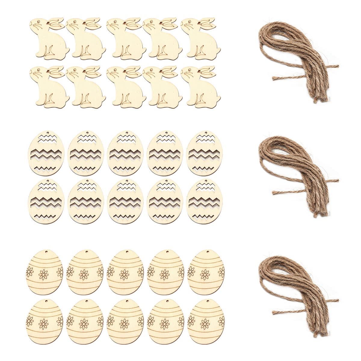 30pcs Unfinished Wood Easter Ornaments - DIY Easter Egg Bunny Chick Bird Wooden Crafts for Painting - Easter Holiday Home Office Party Decorations with Jute Rope - Perfect for Easter Tree Decor, Gift Tags & Spring Party Supplies