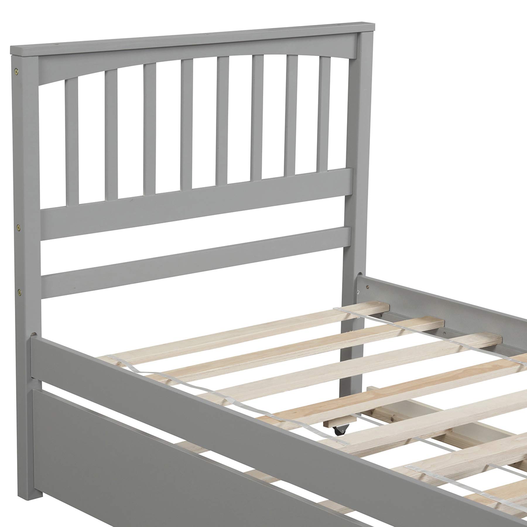 P PURLOVE Twin Size Wood Platform Bed Frame with Trundle - No Box Spring Needed, Gray - Perfect for Kids Rooms, Guest Beds & Small Spaces