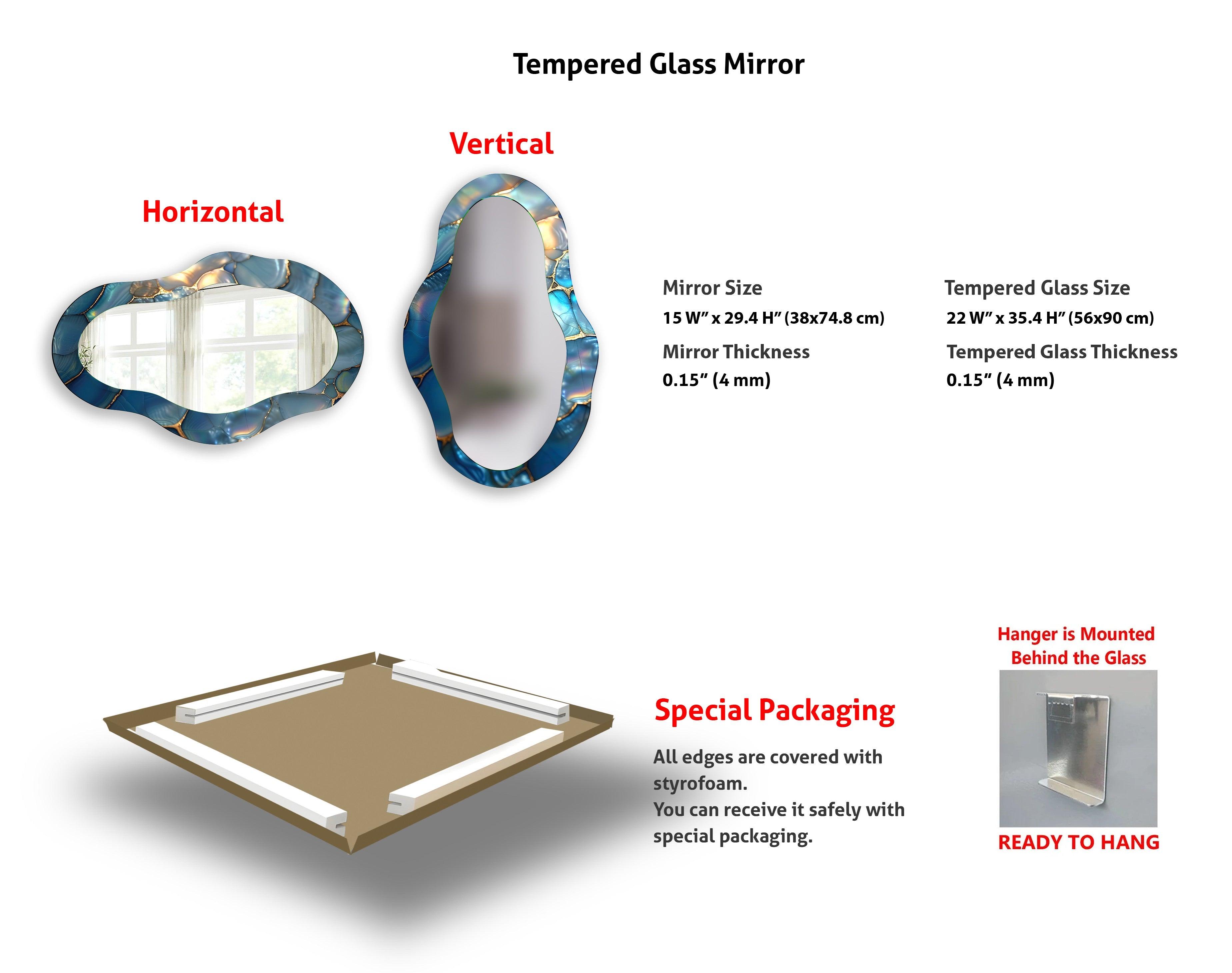 Blue Metallic Asymmetrical Wall Mirror - Modern Decorative Mirror for Living Room, Bedroom & Entryway - Unique Home Decor Accent Piece