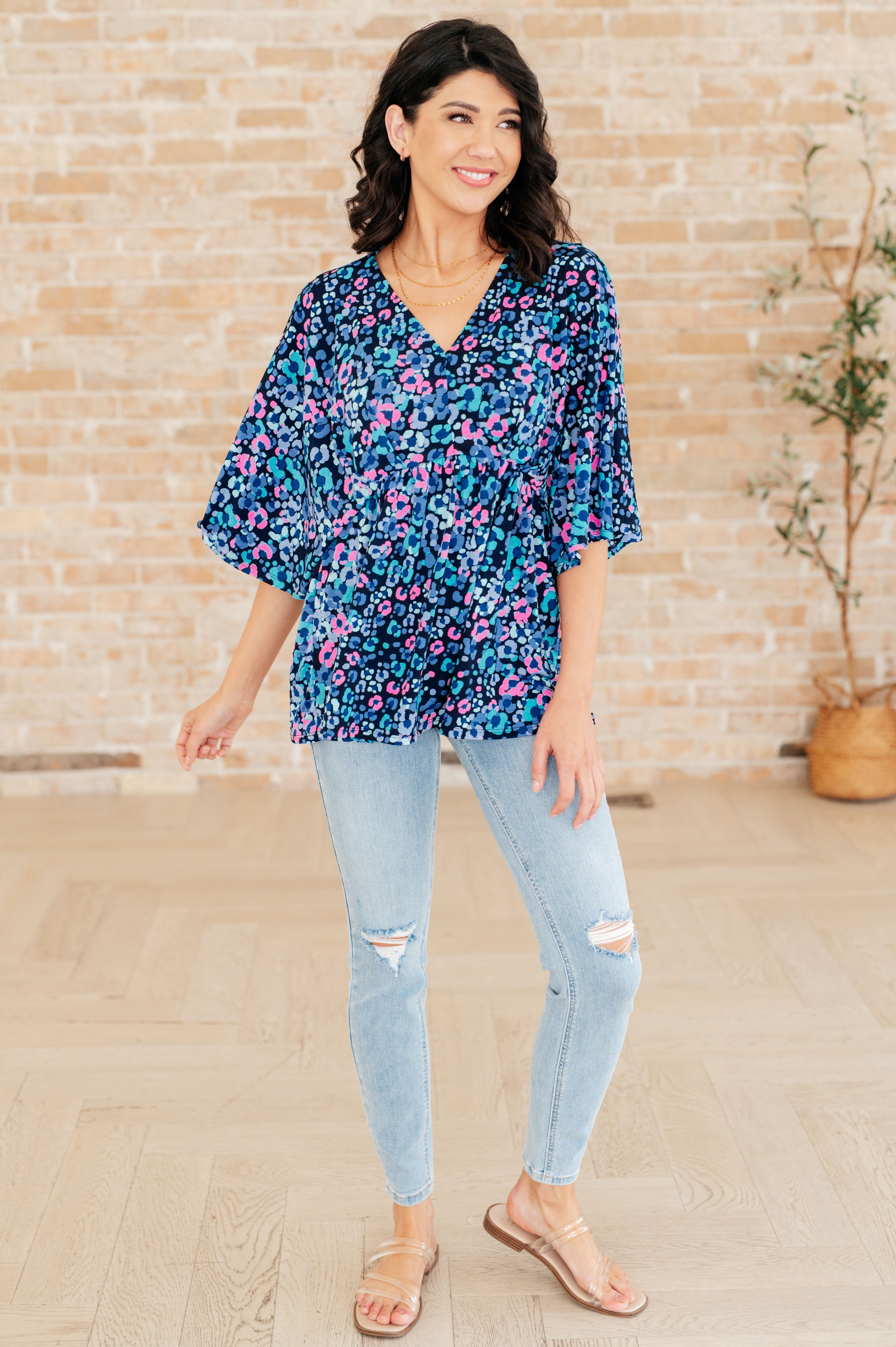 Dear Scarlett Navy & Lavender Animal Print Peplum Top for Women - Stylish Blouse for Party, Date Night & Casual Outfits
