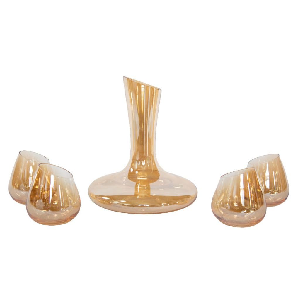 Luxury Gold Wine Glasses Set - 5 Piece (4 Stemless Glasses + 1 Decanter) with Angled Rim for Perfect Aeration | Elegant Modern Barware for Parties, Weddings & Home Decor | Premium Cocktail & Wine Tasting Accessories