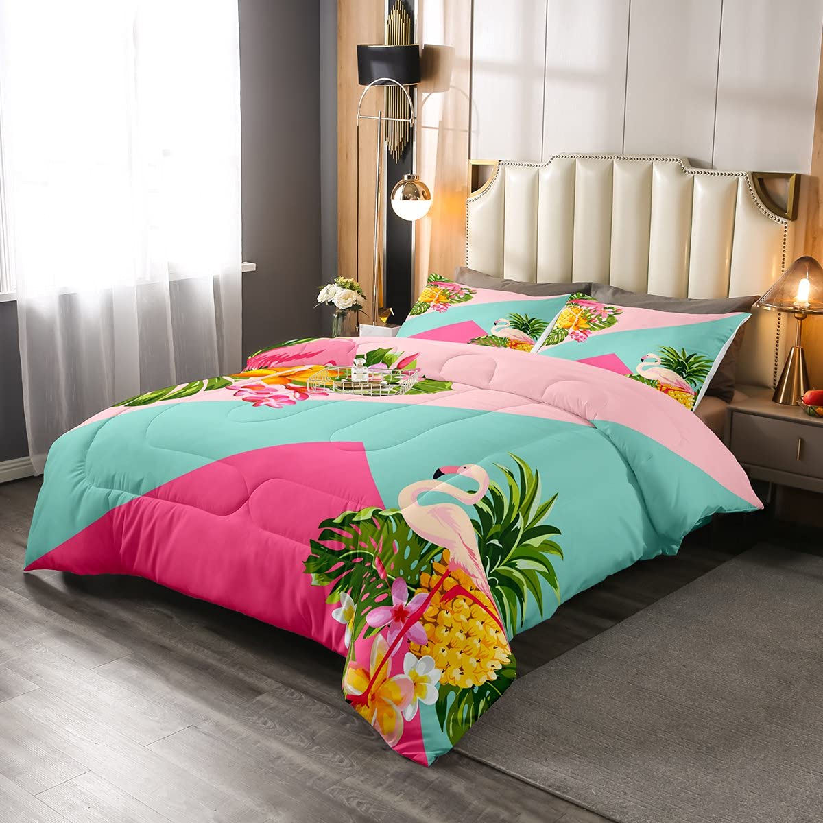 Tropical Palm Leaves Comforter Set - Full Size Pink Flamingo Wildlife Bedding with Gold Pineapple Design, Colorful Triangle Geometric Down Alternative Duvet - 1 Comforter & 2 Pillowcases - Perfect for Beach House, Boho Bedroom or Tropical Themed Decor