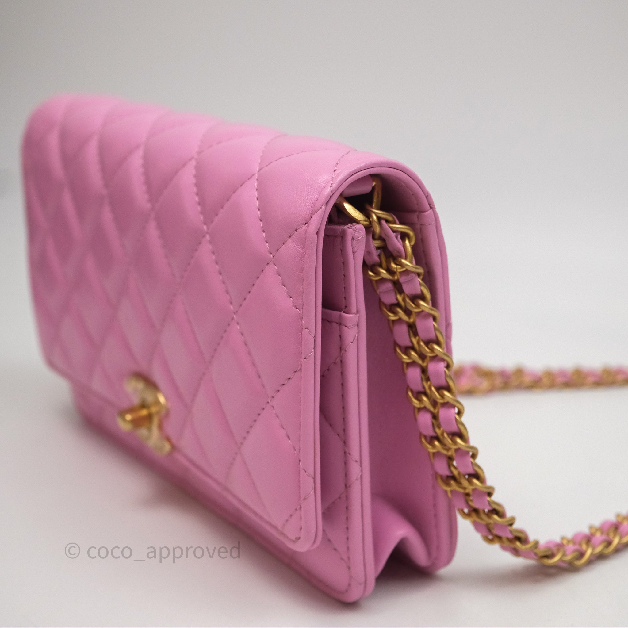 Chanel CC Chain Wallet On Chain WOC in Pink Lambskin with Aged Gold Hardware - Luxury Crossbody Bag for Women, Perfect for Evening Out & Special Occasions