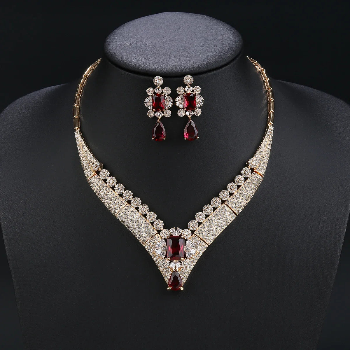 Luxury 2-Piece White, Red, Green Necklace & Earrings Set - Cubic Zirconia Women's Jewelry for Wedding, Party & Special Occasions - CN11227 | Perfect for Bridal Accessories, Anniversary Gifts & Evening Events