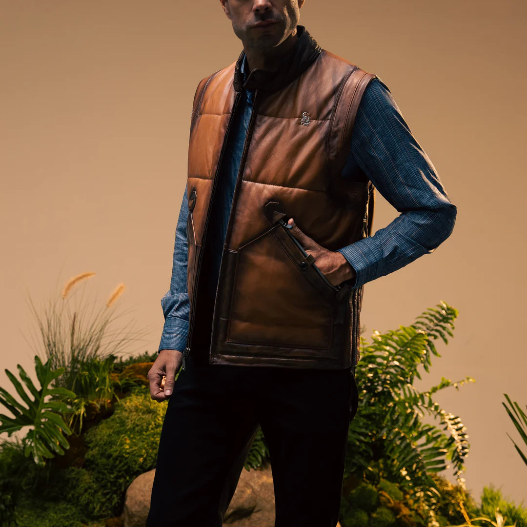 H353COC Men's Casual Leather Vest in Honey Brown - Stylish & Comfortable for Outdoor Adventures, Motorcycle Riding & Everyday Wear