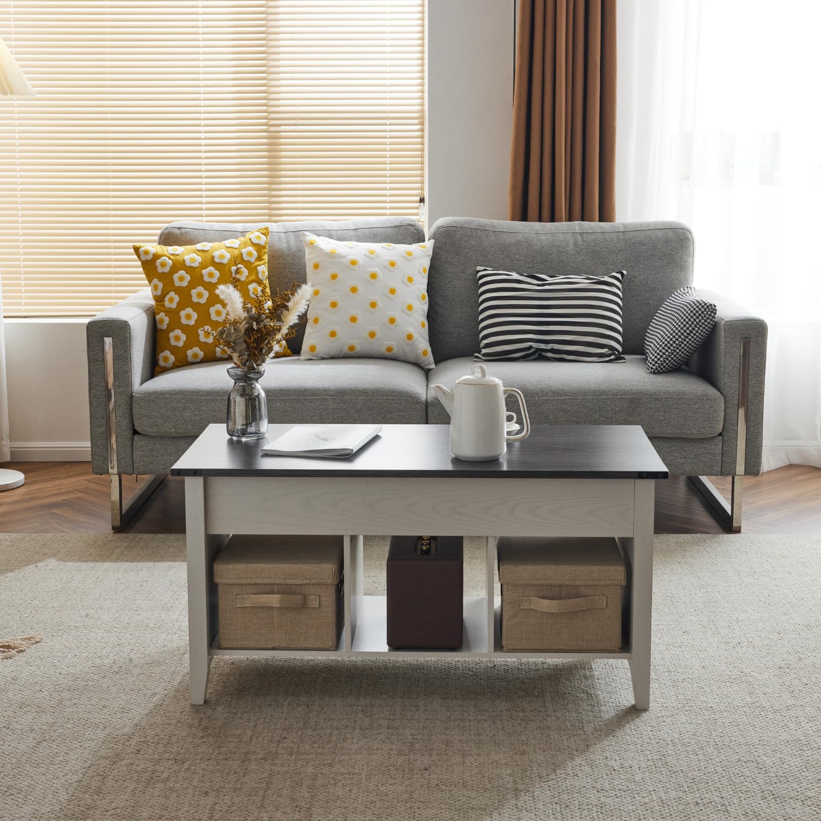 VINGLI Lift Top Coffee Table with Storage Shelf - Farmhouse Cross-Sided Design, Charcoal Top & White Frame, Hidden Compartment, Gas Lift Mechanism - Perfect for Living Room, Office, or Small Space Organization