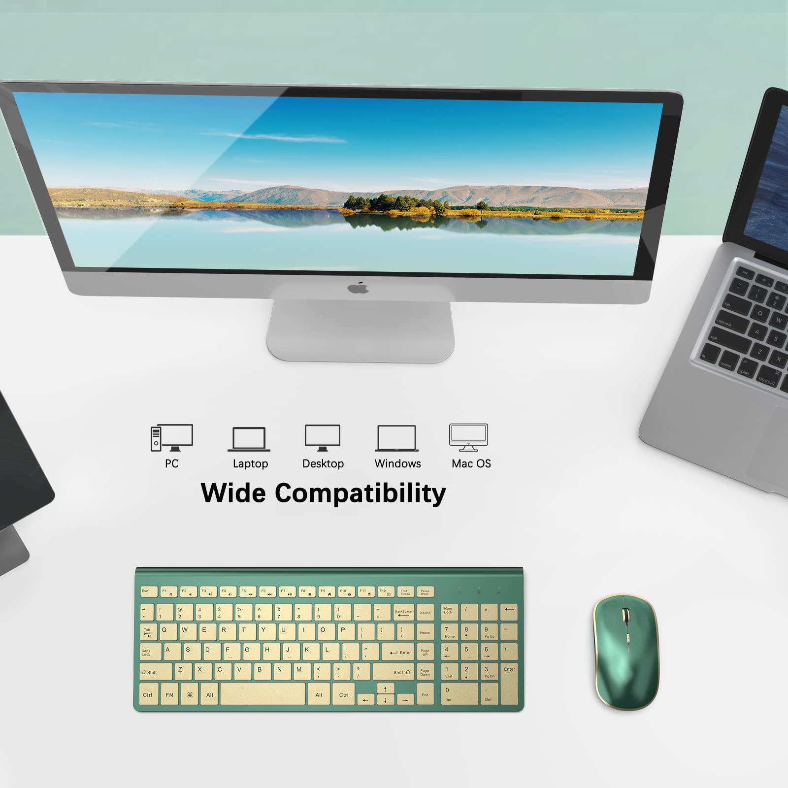 JOYACCESS 2.4G Wireless Keyboard and Mouse Combo - Compact, Quiet, Ergonomic Design for Windows PC, Laptop, Desktop | Perfect for Office Work, Gaming & Home Use in Cangling Green