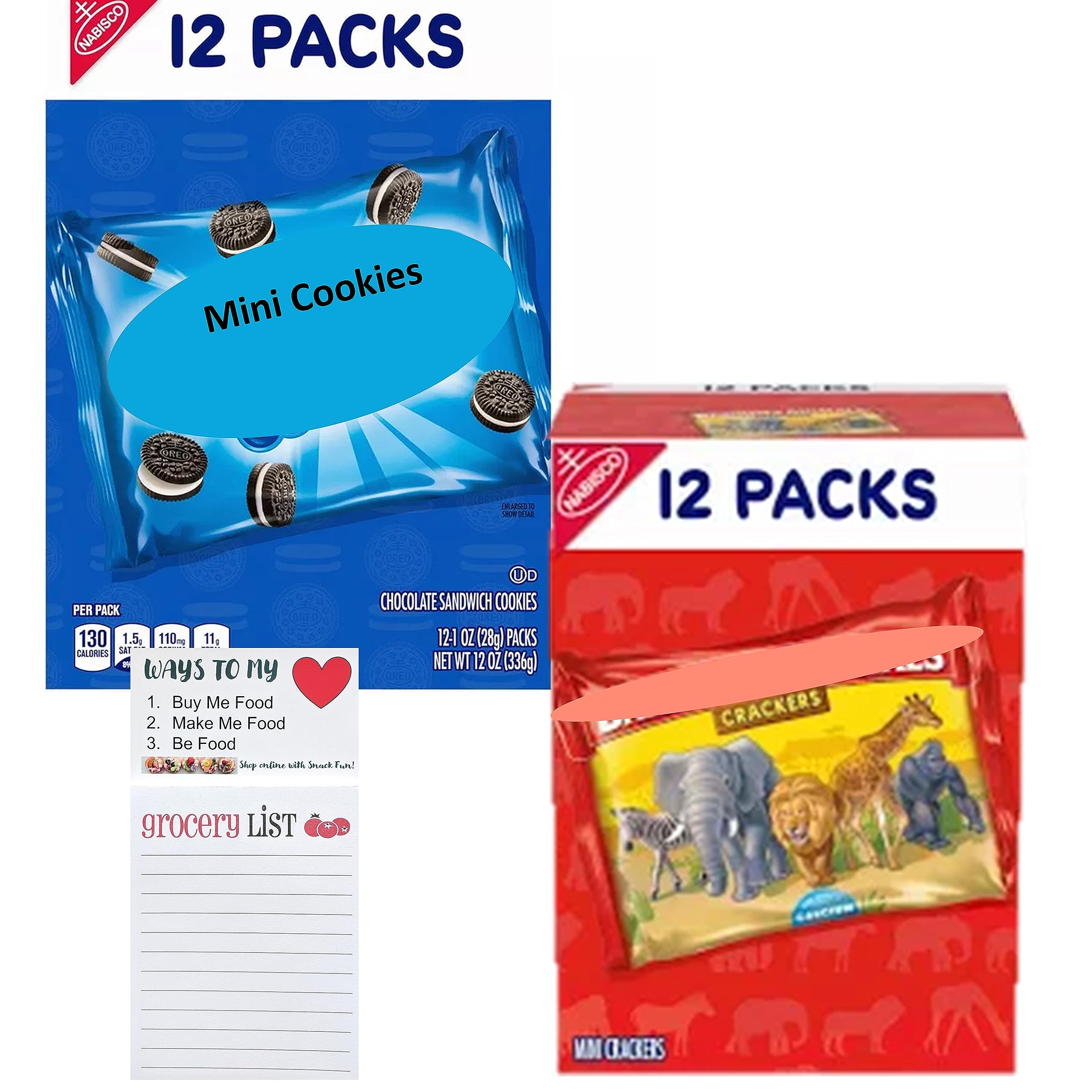 12 Pack Mini Cookies & 12 Pack Animal Crackers Snack Bundle - Perfect for Lunch Box, School Snacks, and On-the-Go Treats | Fun Snack Shopping Pad Included
