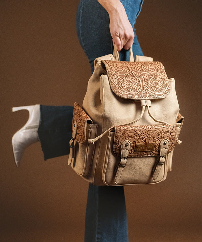 Wrangler Floral Tooled Concealed Carry Backpack for Women & Men - Tactical EDC Hiking Daypack with Hidden Gun Pocket - Perfect for Outdoor Adventures, Travel & Everyday Use