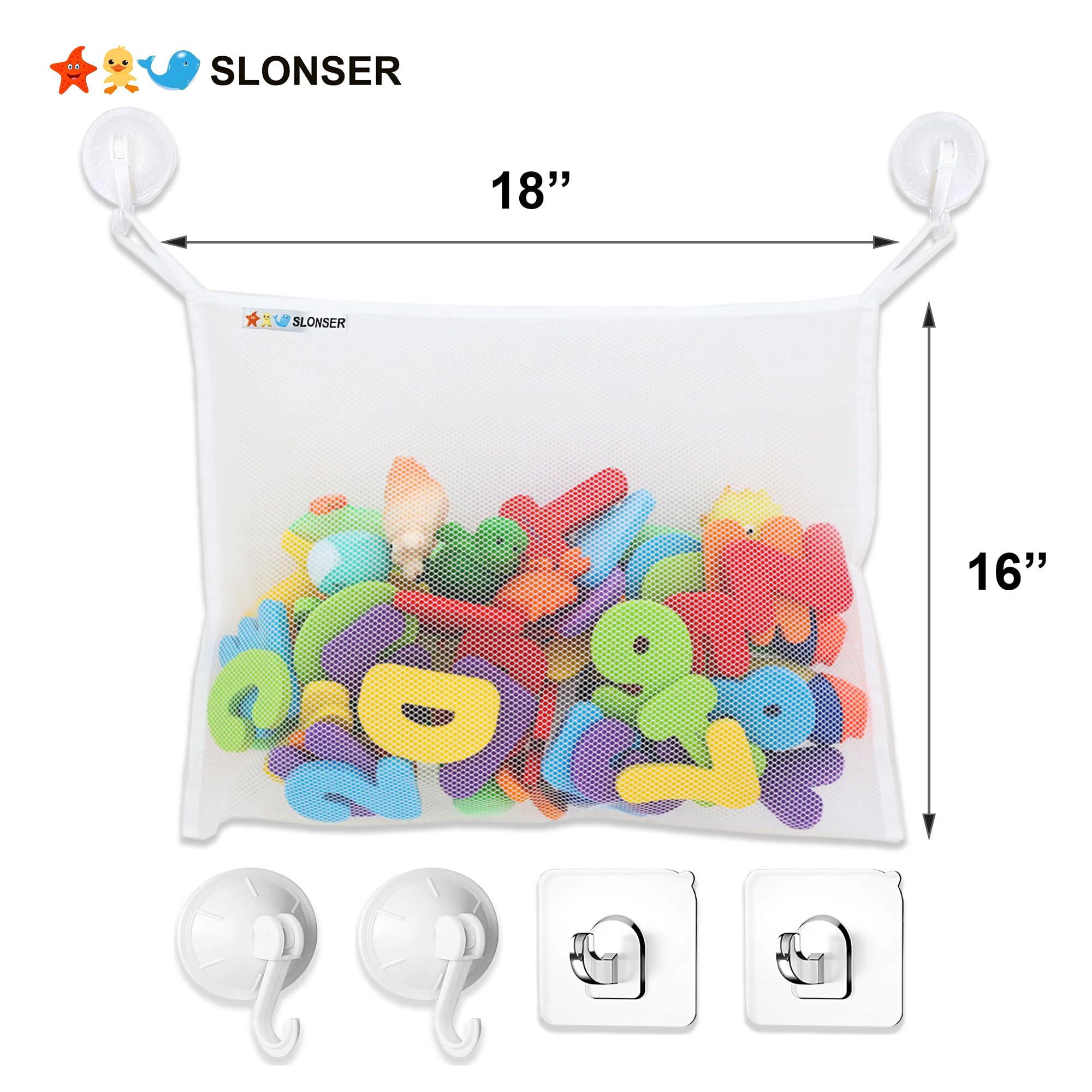 **18x16 Inch Kids Bath Toy Net - Large Mesh Storage Organizer with 2 Suction Cups & 2 Adhesive Hooks for Baby Bathtub, Toddler Shower Caddy, Hanging Basket - Perfect for Bathroom Toy Storage & Organization**