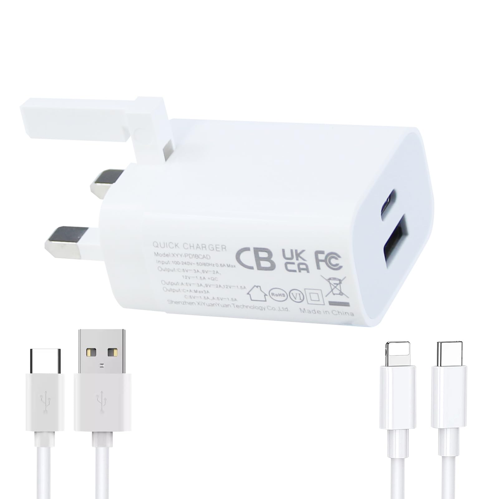 18W USB C Fast Charger with PD & QC 3.0 - Dual Port UK Wall Adapter & USB Cable - Compatible with iPhone, Samsung, iPad, Smartwatch - Perfect for Home, Office & Travel Charging