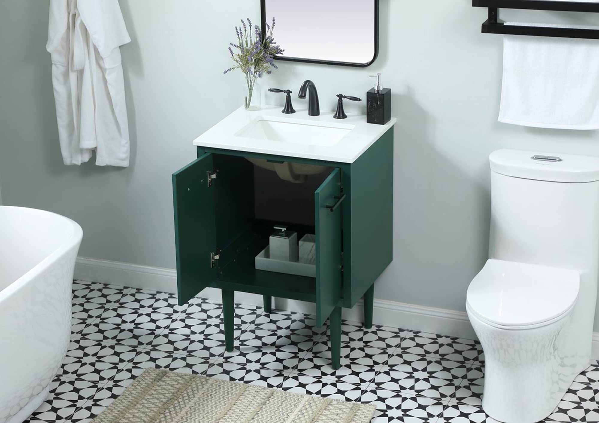 Modern 24-Inch Single Bathroom Vanity with Under Sink Storage Organizer - Elegant Green Decor for Small Bathrooms & Powder Rooms | Space-Saving Bathroom Fixture Solution