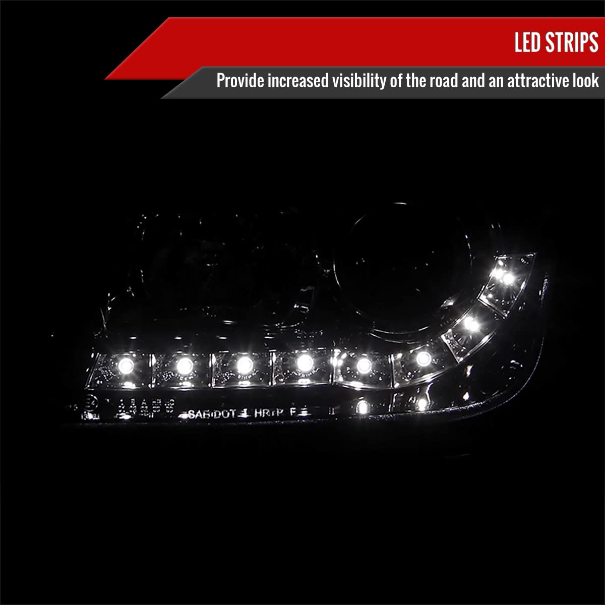 99-05 LED Strip Glossy Black Projector Headlights Pair - Left & Right Compatible with [Vehicle Models] - Upgrade Your Night Driving Visibility & Style