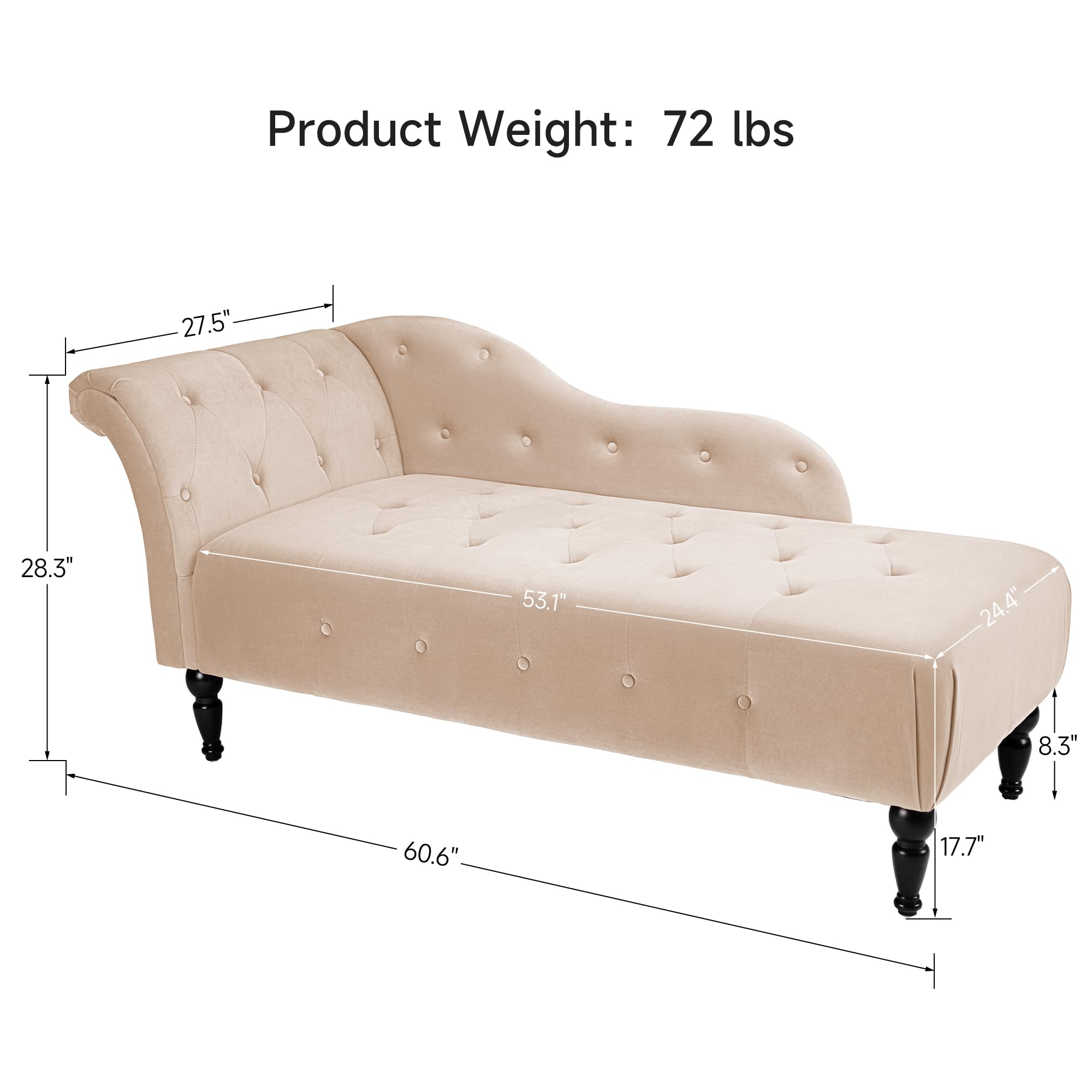 Modern Velvet Upholstered Lounge Chair with Left Armrest & Button Tufted Design - Beige Chaise Sofa for Bedroom, Living Room & Office | Perfect for Relaxing, Reading & Home Decor