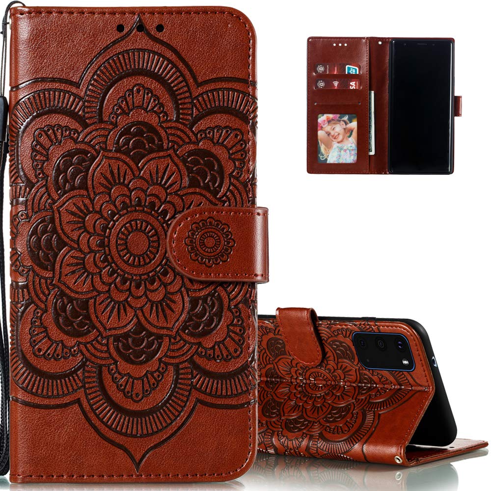 Premium PU Leather Mandala Embossed Flip Wallet Case for Samsung Galaxy S20 Plus - Shockproof Cover with Card Holder & Kickstand (Brown) - Perfect for Daily Use, Travel, and Business Meetings