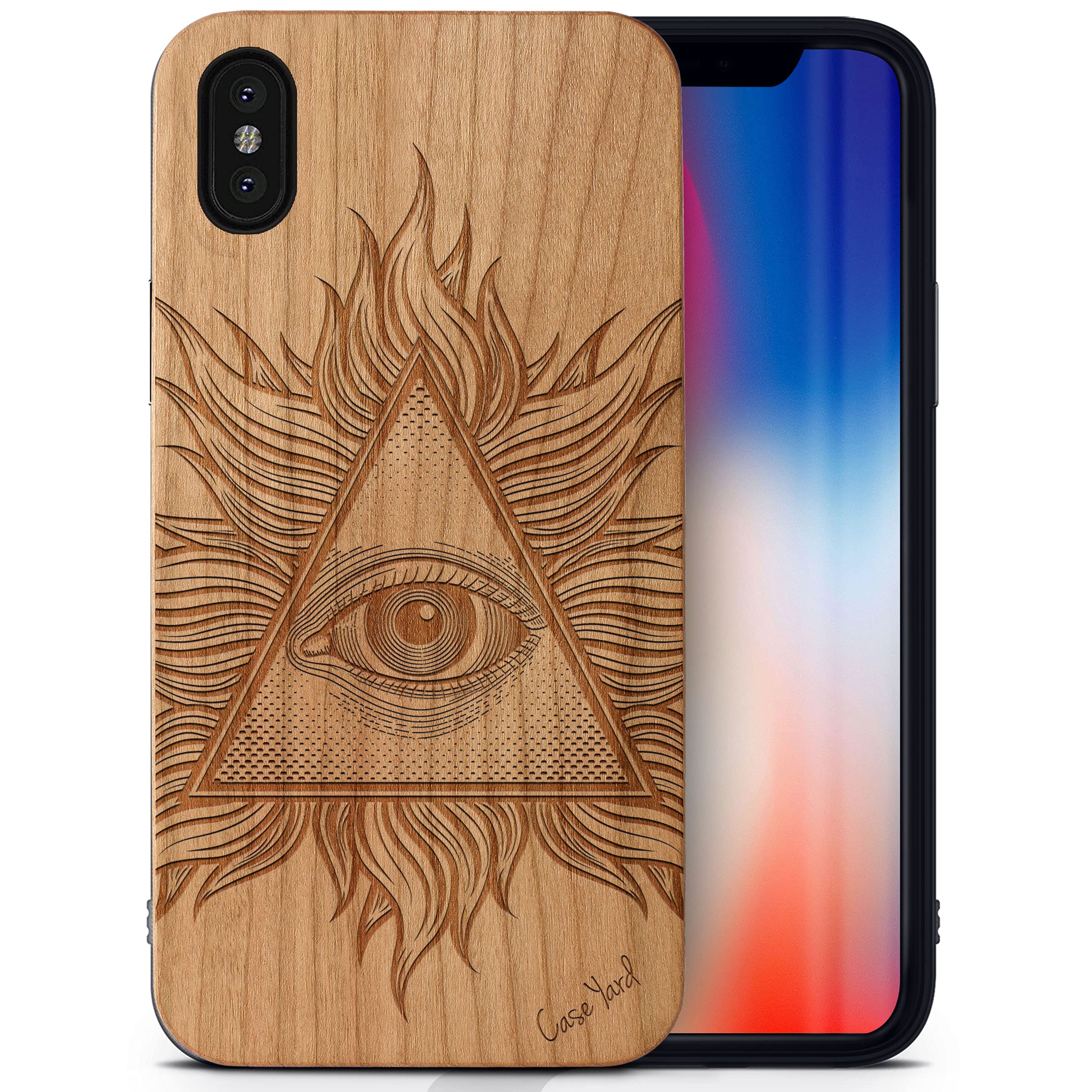 CaseYard Wood Phone Case for iPhone Xs Max - Laser Engraved Illuminati Design, Cherry Wood, Slim Fit Protective Shockproof Cover for Men & Women - Perfect for Daily Use, Travel & Gift Giving