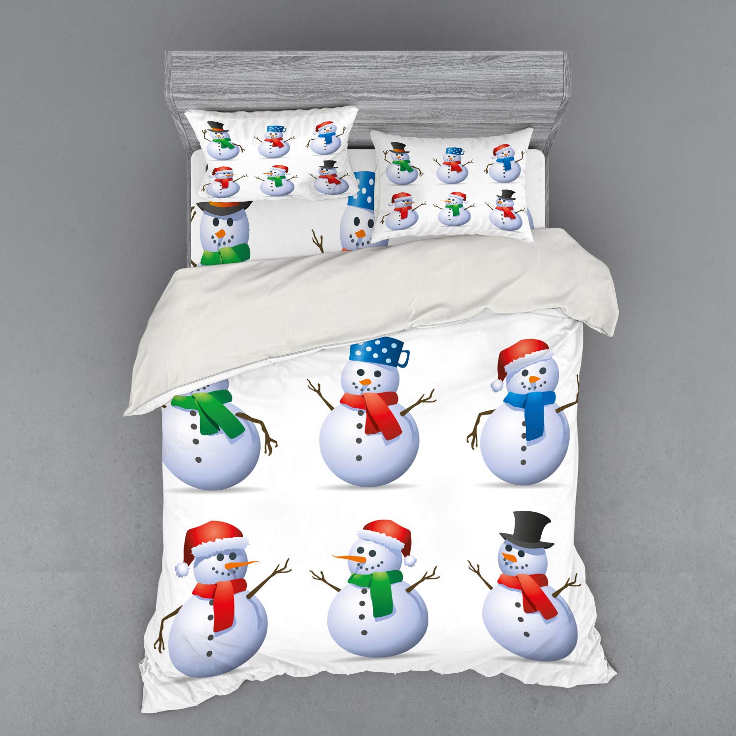 Ambesonne Christmas Bedding Set 4-Piece - Snowmen with Hats & Scarves Winter Theme Duvet Cover, Shams & Fitted Sheet - Queen Size Multicolor Holiday Decor for Cozy Seasonal Bedroom