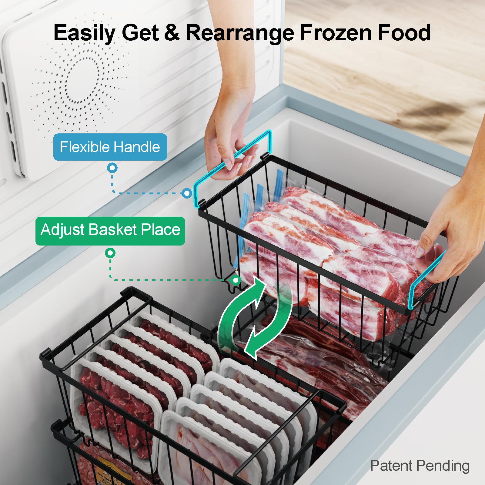 iSPECLE Freezer Organizer Bins - 8 Pack Small Stackable Deep Freezer Bins for 7 Cu.Ft Freezers | Easy Access to Bottom Foods | Prevent Frozen Food Waste | Perfect for Chest Freezers & Kitchen Organization (Black) | Ideal for Meal Prep & Bulk Food Storage