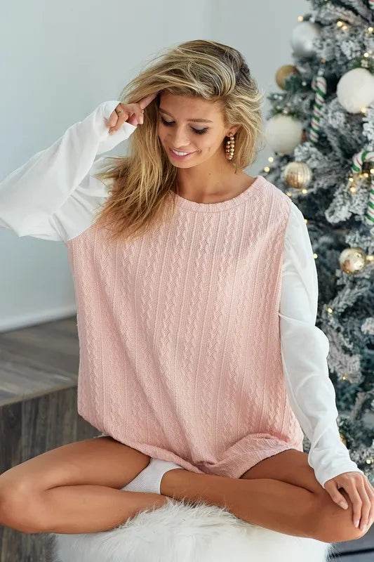 Bibi Cable Knit Sweater Top with Contrast Puff Sleeves in Light Rose | Women's Casual Pullover for Fall & Winter | Perfect for Office, Dates & Holiday Outfits