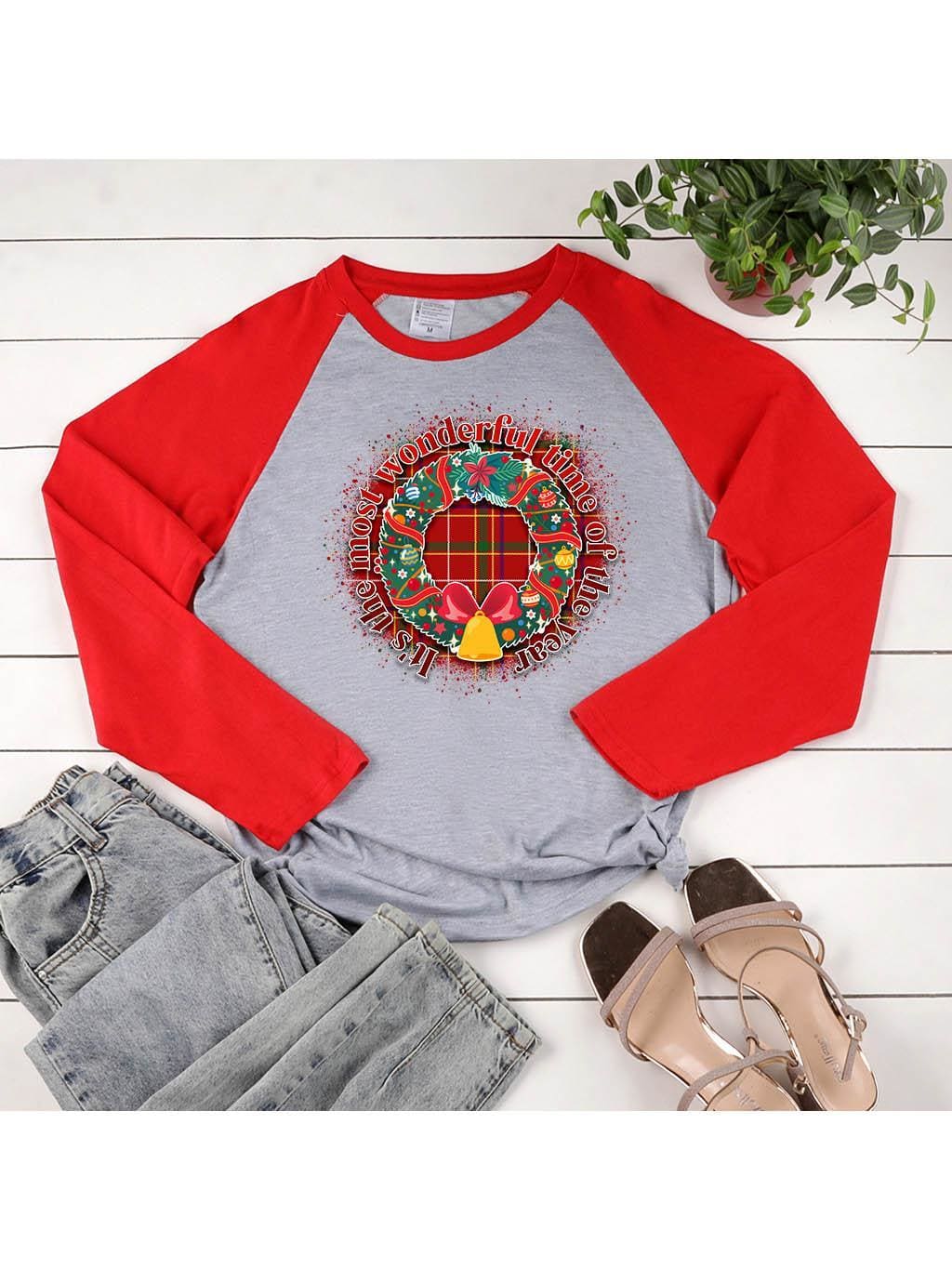Lovevop Christmas Wreath Print Casual Long Sleeve T-Shirt for Women - Holiday Party, Family Gathering & Festive Outfit
