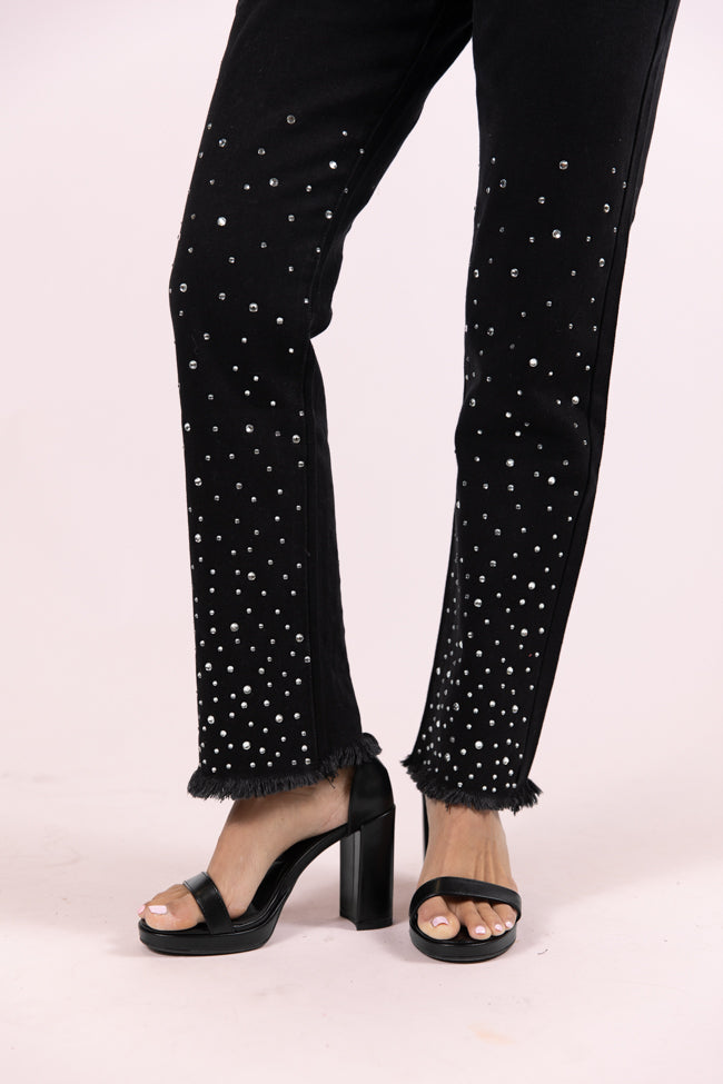 LaDonna Women's Black Rhinestone Embellished Jeans - High Waist Skinny Denim Pants for Casual Wear & Night Out