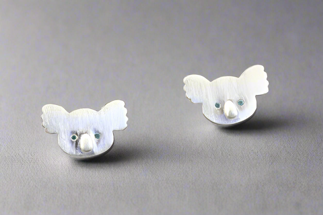 Koala Face Stud Earrings with Blue Eyes - Sterling Silver Jewelry for Women - Perfect for Casual Wear & Gifts