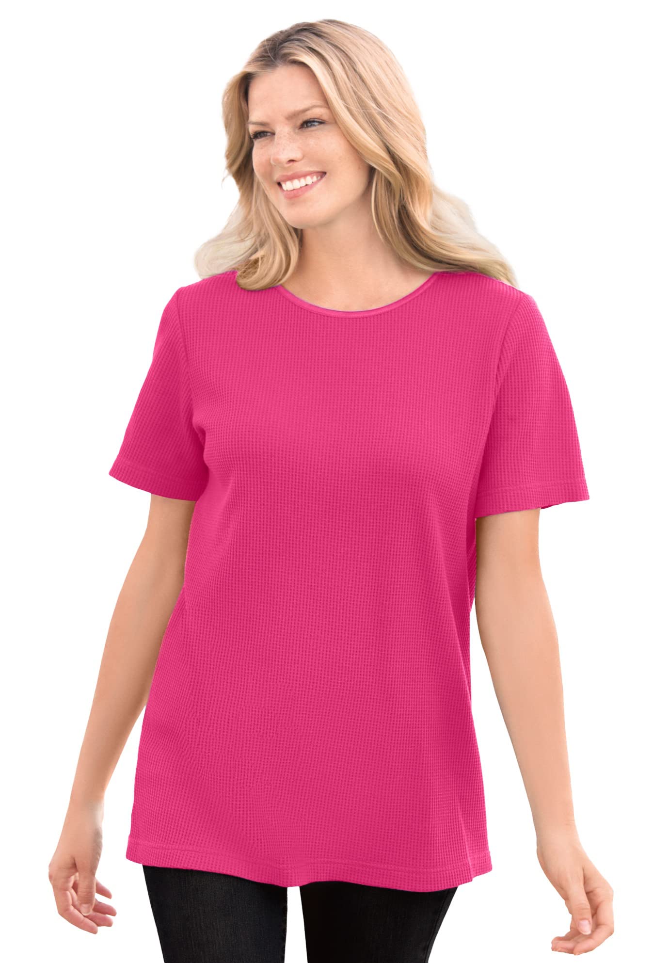 Woman Within Women's Plus Size Thermal Waffle Short-Sleeve Satin-Trim Tee Shirt - Soft & Warm Casual Top for Winter Layering & Everyday Comfort