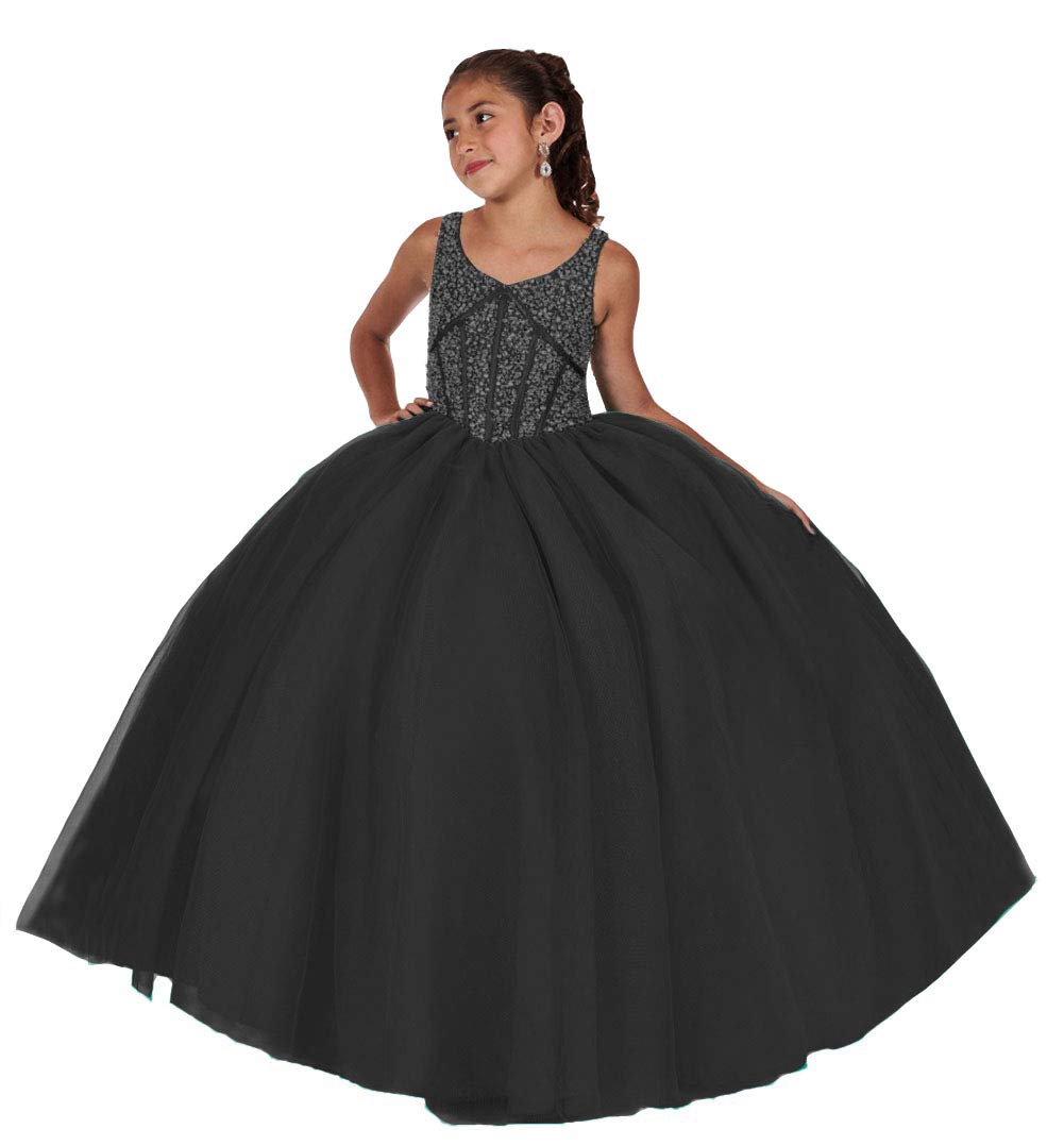 Emanni Girls Beaded Birthday Party Dress with Straps - Tulle Ball Gown Flower Pageant Dress for Special Occasions, Weddings & Photo Shoots