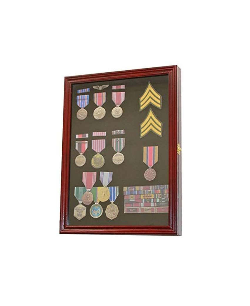 Walnut Finish Display Case Wall Frame Cabinet for Military Medals, Pins, Patches, Insignia, Ribbons & Brooches - Perfect for Home, Office or Military Memorabilia Showcase