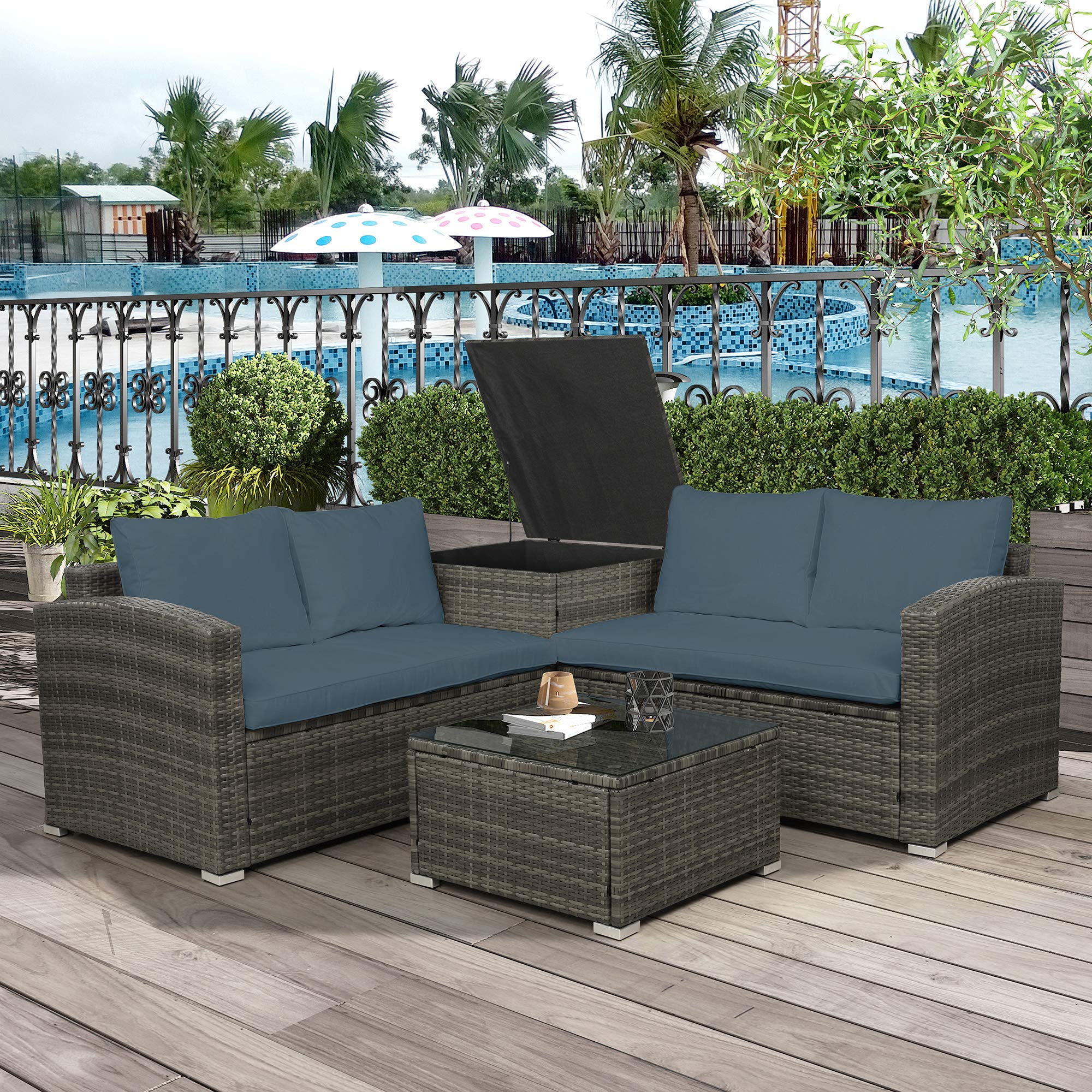 Rhomtree 4-Piece Outdoor Patio Furniture Set - Gray Wicker Sectional Sofa with Rattan Chairs & Table - Perfect for Backyard, Garden, Poolside & Patio Conversations