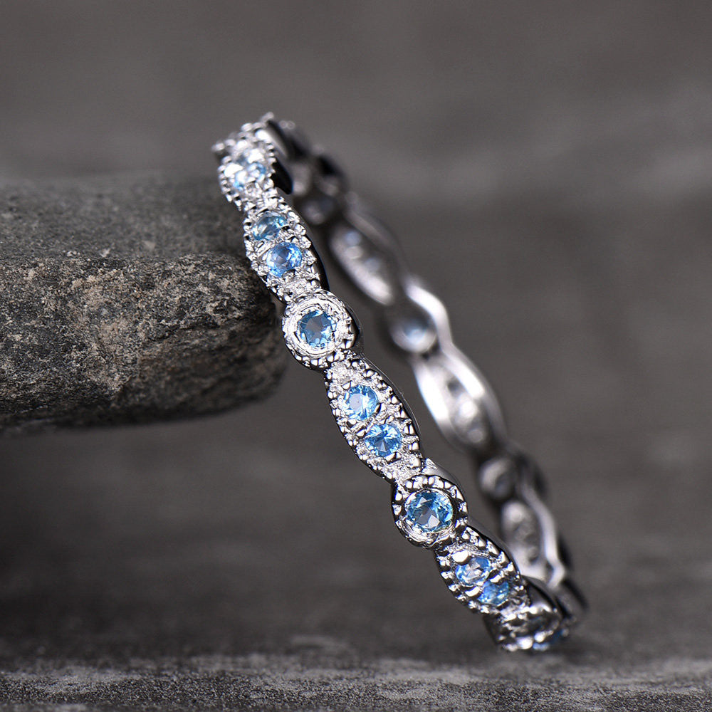 14k/18k White Gold Eternity Topaz Wedding Band with Milgrain Detailing - Perfect for Engagement Rings, Anniversary Gifts & Bridal Jewelry