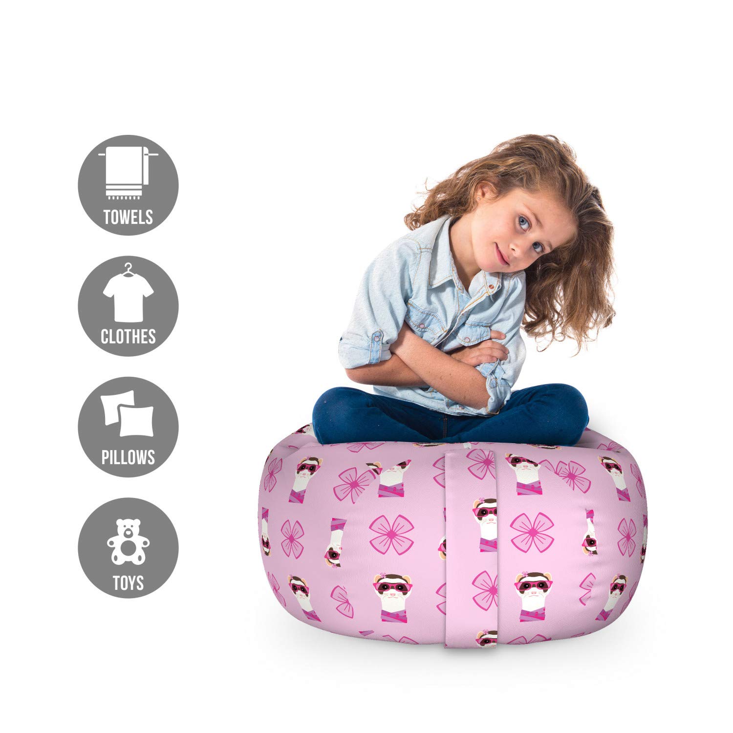 Ambesonne Ferret Storage Toy Bag Chair - Funny Cartoon Ferret with Glasses & Scarf Design, Washable Stuffed Animal Organizer Bag, Small Size in Pink Fuchsia - Perfect for Kids' Room, Nursery Storage & Pet Toy Organization