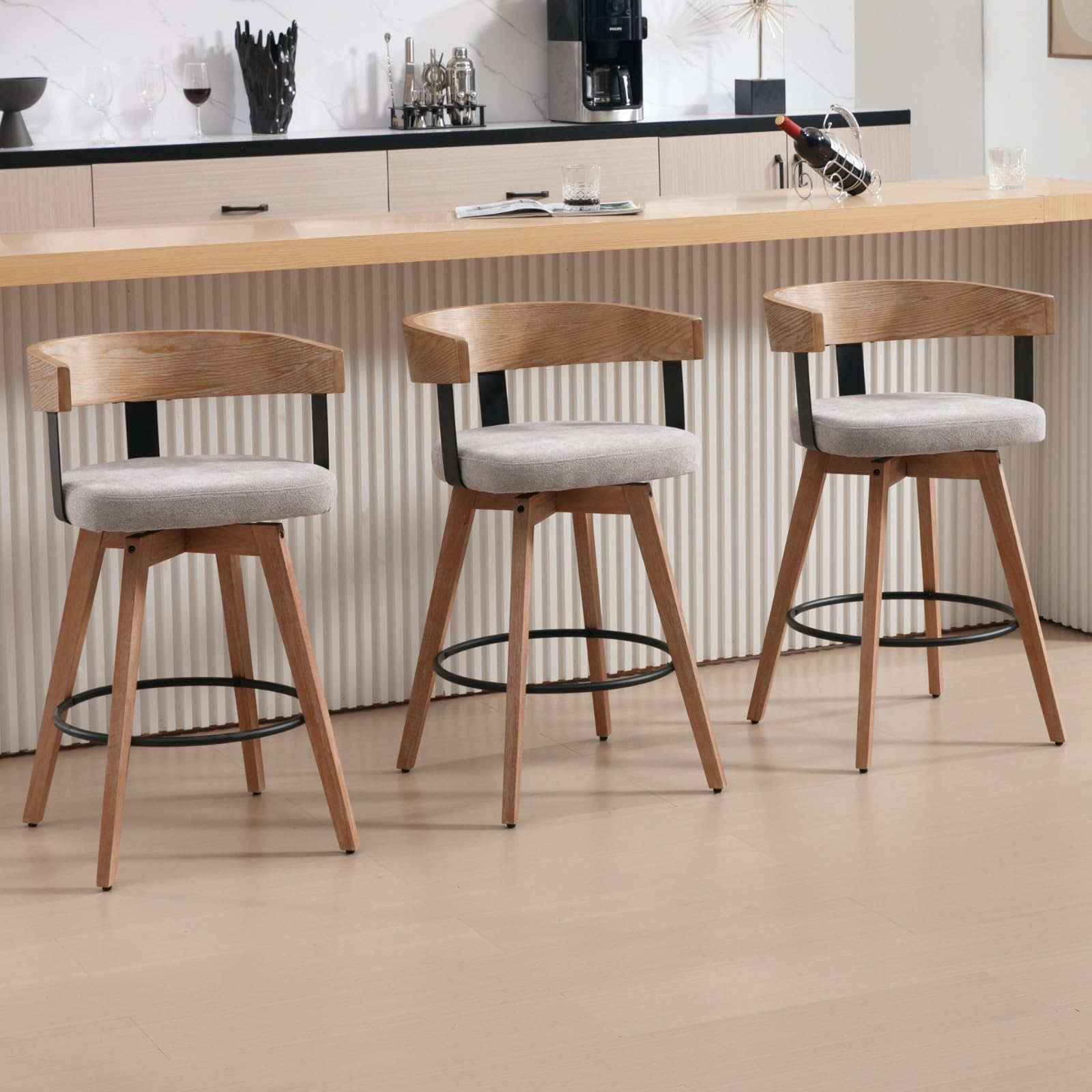 Modern Grey Linen Swivel Bar Stools Set of 3 - 26