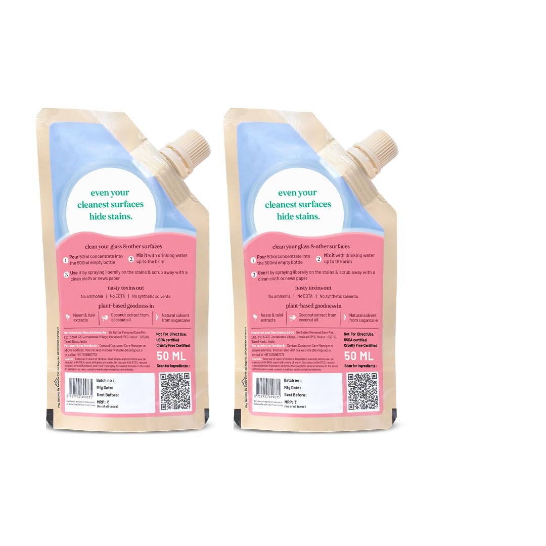Born Good Glass & Multi-Surface Cleaner Concentrate 1.5L (50.7oz) Refill Bottle | 1 Pouch Makes 500ml (16.9oz) | Safe for Glass, Metal, Wood, Ceramic, Marble | Non-Toxic, Hypoallergenic | Perfect for Windows, Mirrors, Countertops & Household Cleaning