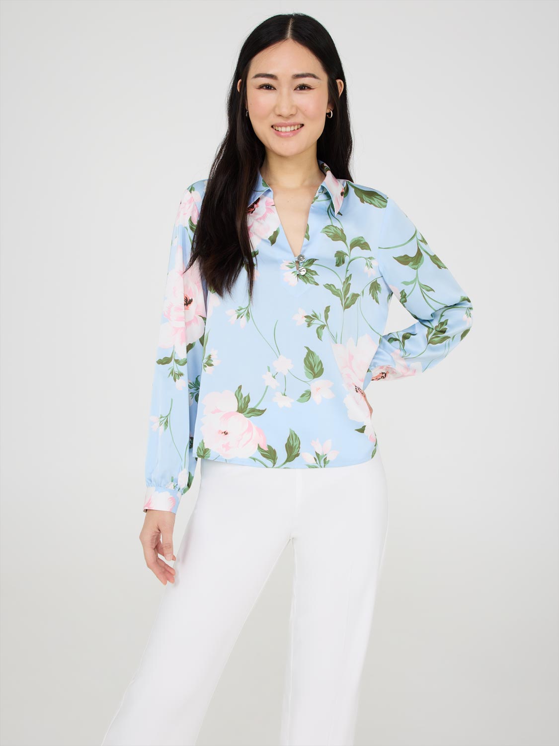Floral Print Split Collar Satin Blouse for Women - Elegant Flowy Shirt for Office, Party & Date Night Outfits