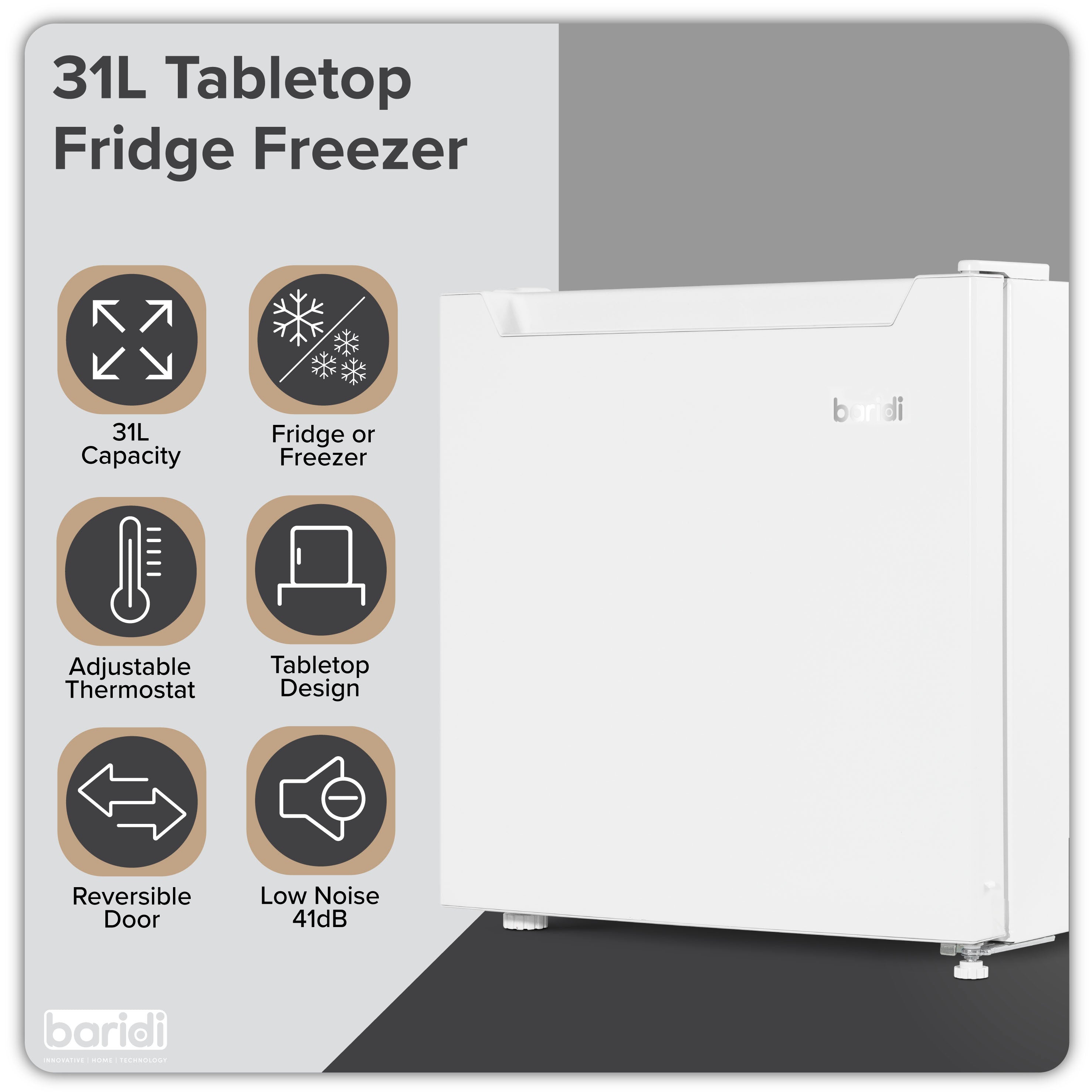Baridi 31L Mini Tabletop Fridge Freezer with Reversible Door - Compact White Refrigerator for Bedroom, Office, Dorm & Small Spaces - Perfect for Drinks, Snacks & Skincare Storage