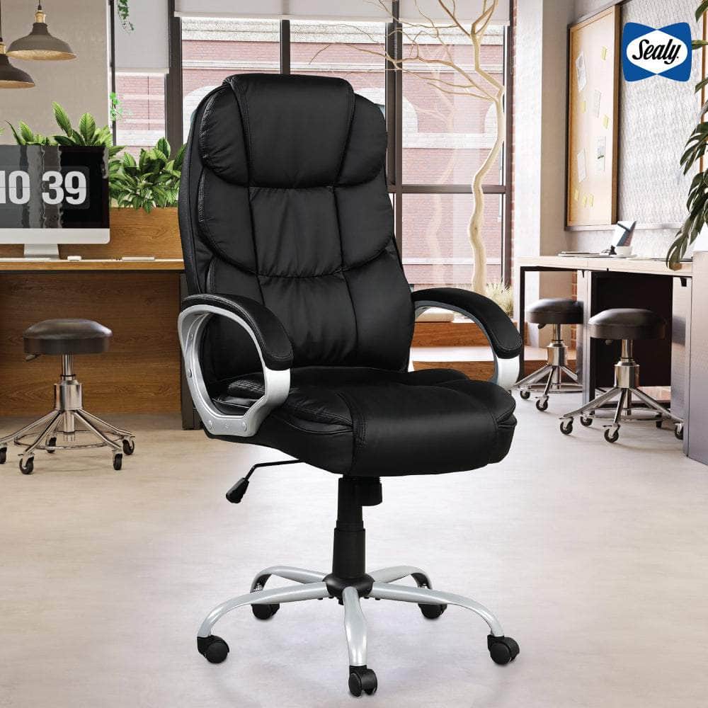Sealy Kronos Black Faux Leather Swivel Office Chair - Ergonomic Adjustable Task Chair for Home & Office Workspace