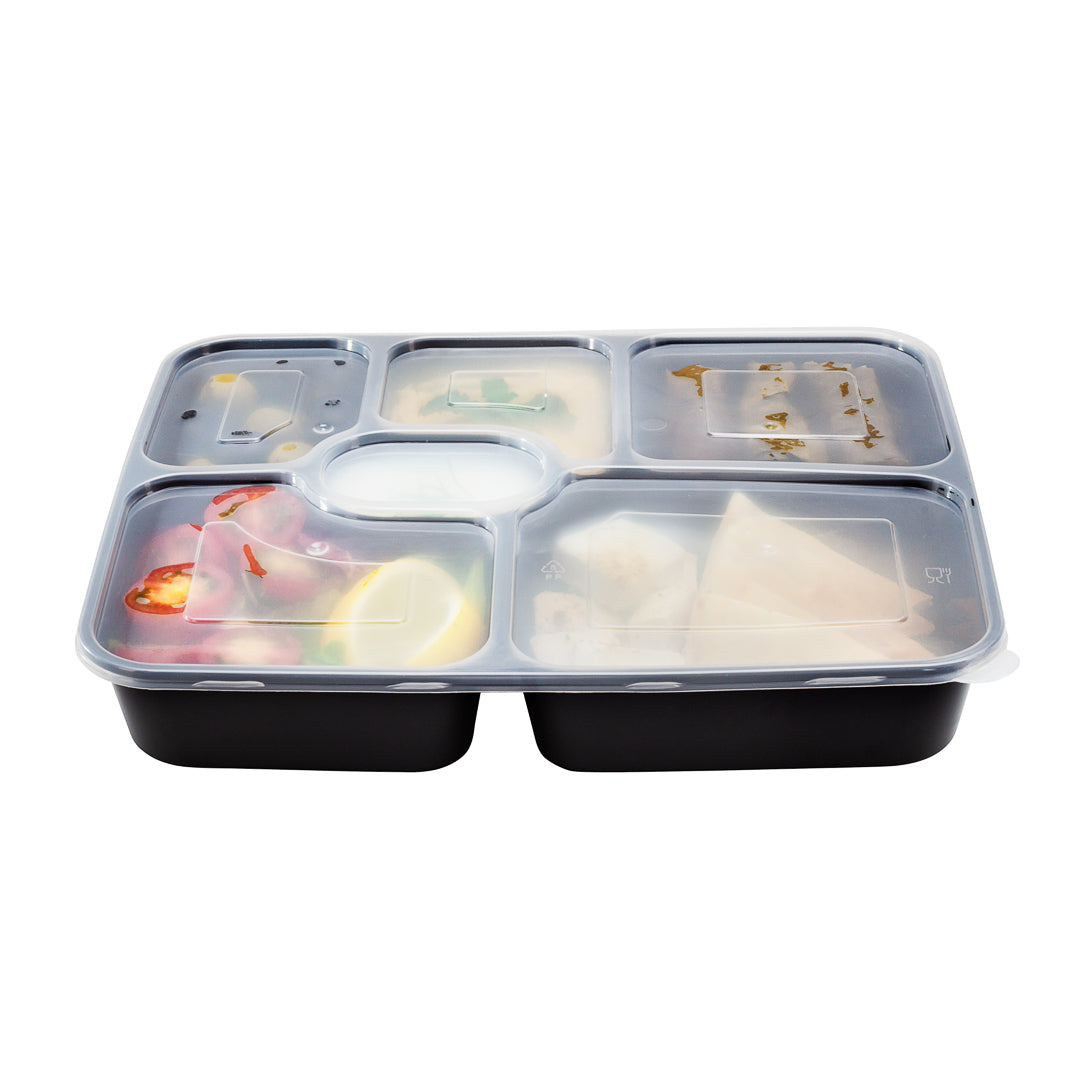 53 oz Black Plastic 6-Compartment Food Storage Container with Clear Lid - Microwave Safe (9.75