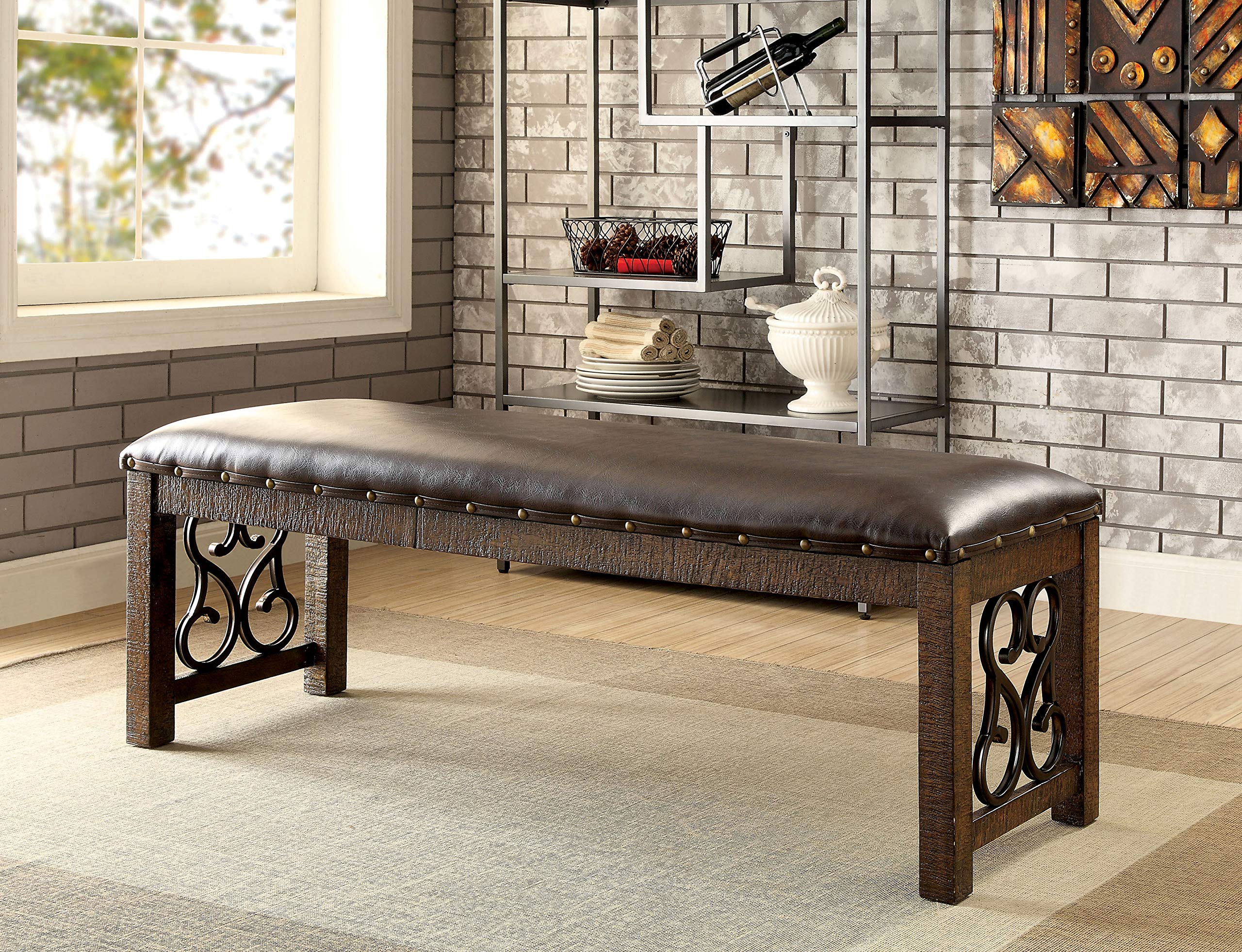 24/7 Shop at Home Adria Padded Dining Bench - Rustic Walnut & Espresso Finish, Comfortable Upholstered Seat for Kitchen, Breakfast Nook, or Entryway Decor