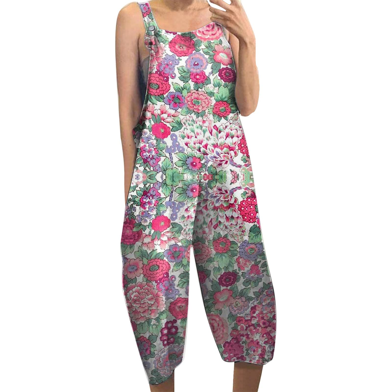 Women's Floral Print Jumpsuit - Sleeveless Summer Romper with Button Straps & Pockets | Casual Outfit for Beach, Vacation & Outdoor Activities